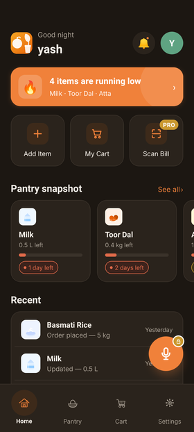 The Stoq home screen in dark mode, showing a pantry snapshot and recent activity.