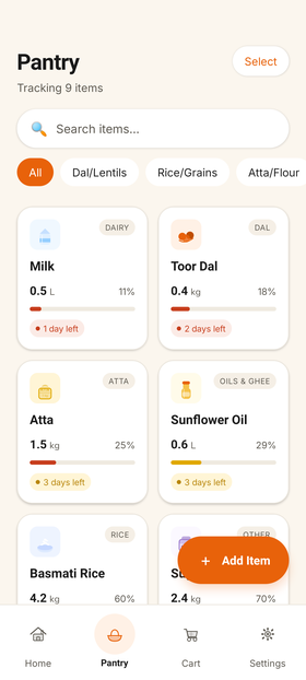 The Stoq pantry in light mode, showing stocked items with the days each has left.